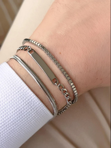 Erkek Çelik Bileklik Üçlü Set Kişiselleştirilebilir Hediye Seti VS.BLKT.0231 - 4