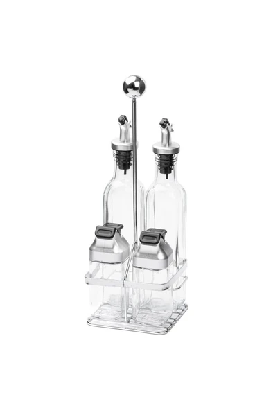 TANTİTONİ METAL STANDLI 4LÜ CAM SOSLUK SETİ - GRİ KAPAKLI 170ML/80ML