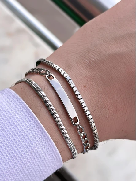 Erkek Çelik Bileklik Üçlü Set Kişiselleştirilebilir Hediye Seti VS.BLKT.0231 - 3