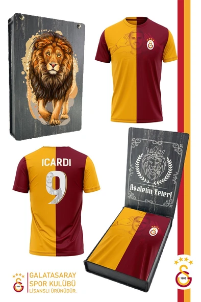 Galatasaray Orijinal Lisanslı İcardi Çocuk T-shirt Gs Aslan Baskılı Hediyelik Ahşap Kutulu