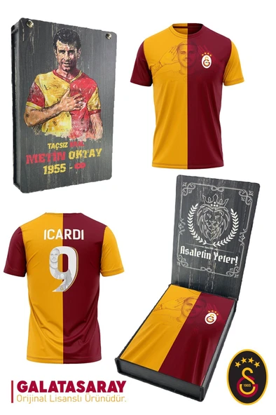 Galatasaray Orijinal Lisanslı İcardi Çocuk T-shirt Metin Oktay Baskılı Hediyelik Ahşap Kutulu