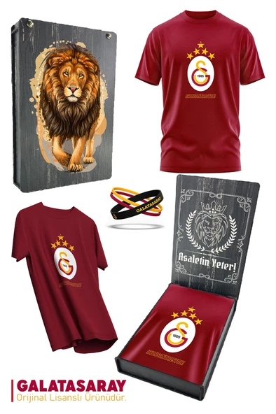 Galatasaray Orijinal Lisanslı 5 Yıldız Geliyor T-Shirt + Bileklik Set Hediyelik Ahşap Kutulu
