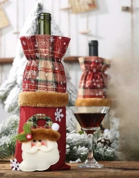 Noel Temalı Ekose Keten Şampanya - Şarap Şişesi Kılıfı