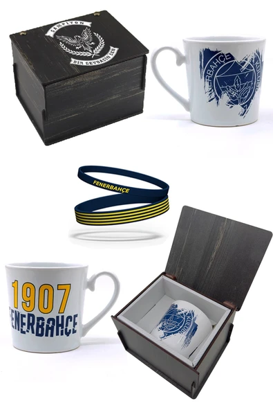 Fenerbahçe Orijinal Kupa Mug Bileklik Set Özel Ahşap Kutulu