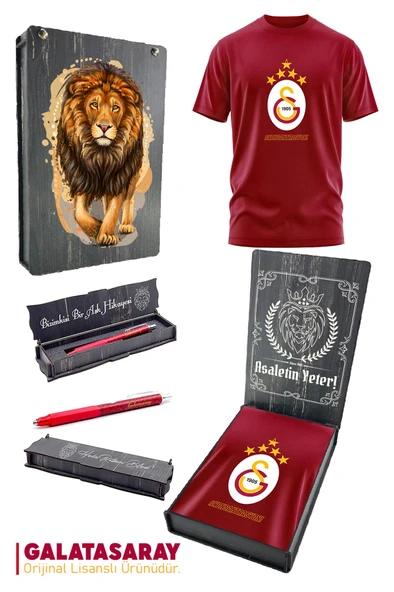 Galatasaray Orijinal Lisanslı 5 Yıldız Geliyor T-Shirt + Uçlu Kalem Set Hediyelik Ahşap Kutulu