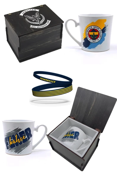 Fenerbahçe Orijinal Kupa Mug Bileklik Set Özel Ahşap Kutulu