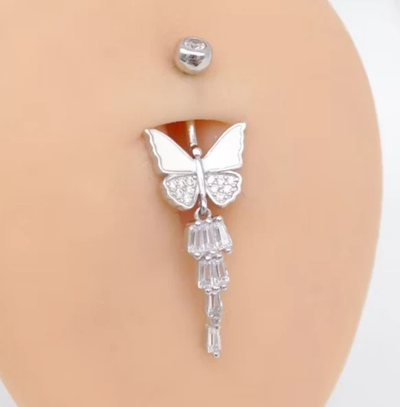Kelebek Temalı 925 Ayar Gümüş Göbek Piercing Küpe