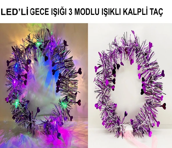 Kalp Püsküllü Gece Parıltısı 3 Modlu Led39li Işıklı Taç Mor Renk