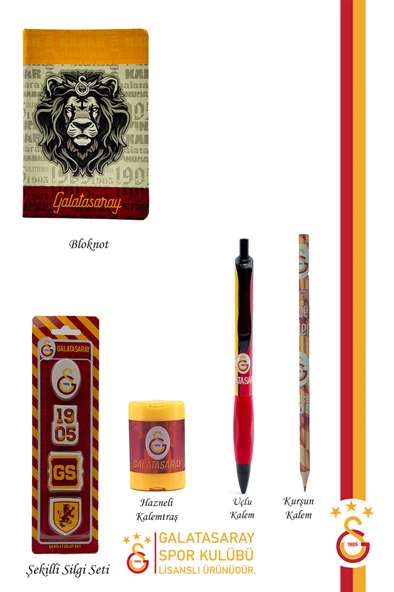 Galatasaray Orijinal Lisanslı Kalem Kalemtraş Bloknot Silgi Hediyelik Set - 2