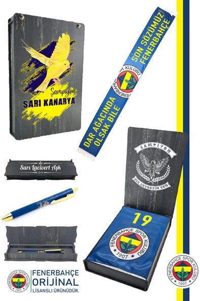 Fenerbahçe Orijinal Son Sözümüz Fenerbahçe Şal Atkı ve Tükenmez Kalem Set Kanarya Baskı Ahşap Kutu