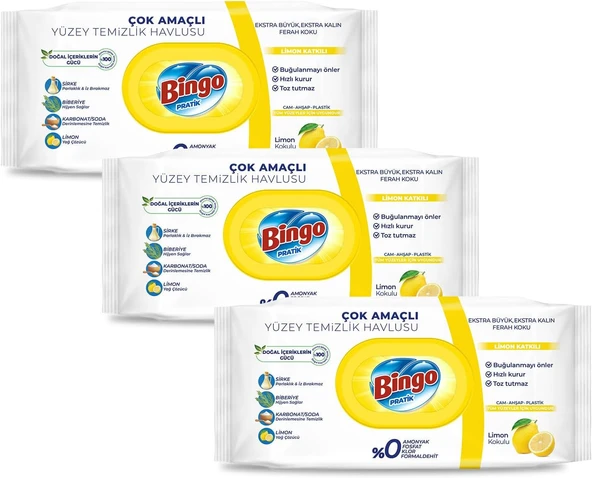 Bingo Limon Katkılı Yüzey Temizlik Havlusu 96 Yapraklı X 3 Adet