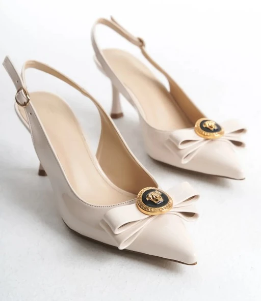 Feles Fiyonk Sarı Toka Detaylı Arkası Açık Stiletto Kadın Topuklu Ayakkabı - Resim 2