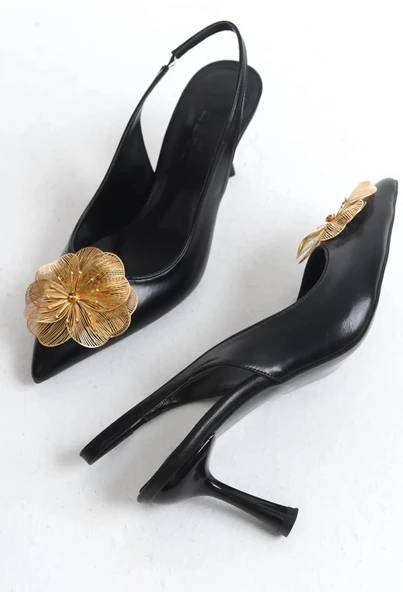 Feles Sarı Gül Detaylı Arkası Açık Stiletto Kadın Topuklu Ayakkabı - 5