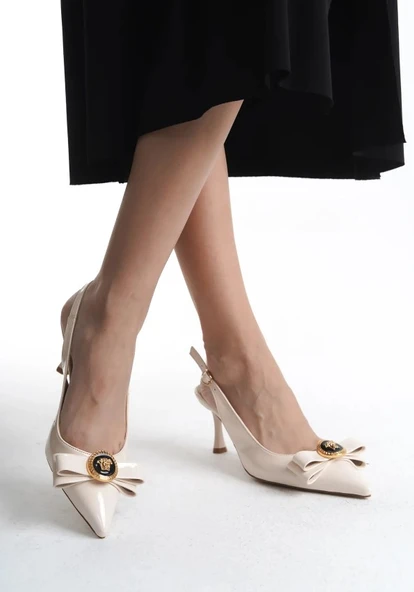 Feles Fiyonk Sarı Toka Detaylı Arkası Açık Stiletto Kadın Topuklu Ayakkabı - Resim 5