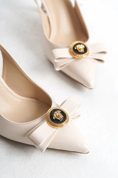 Feles Fiyonk Sarı Toka Detaylı Arkası Açık Stiletto Kadın Topuklu Ayakkabı - Resim 9