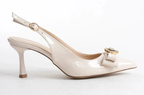 Feles Fiyonk Sarı Toka Detaylı Arkası Açık Stiletto Kadın Topuklu Ayakkabı - Resim 6