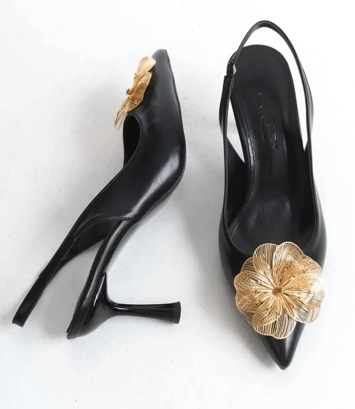Feles Sarı Gül Detaylı Arkası Açık Stiletto Kadın Topuklu Ayakkabı - 7