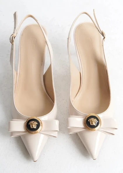 Feles Fiyonk Sarı Toka Detaylı Arkası Açık Stiletto Kadın Topuklu Ayakkabı - Resim 8