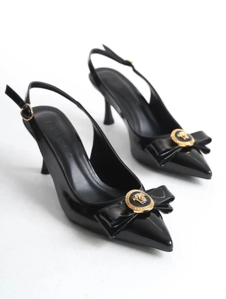 Feles Fiyonk Sarı Toka Detaylı Arkası Açık Stiletto Kadın Topuklu Ayakkabı - Resim 12