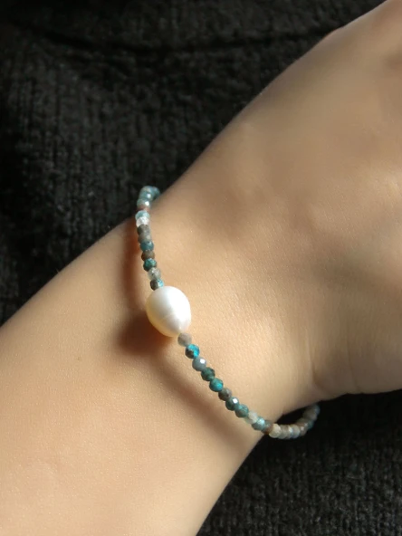 Doğal Taş Apatit Taşlı İnci Kadın Doğal Taşlı Bileklik eub8ait - Resim 3