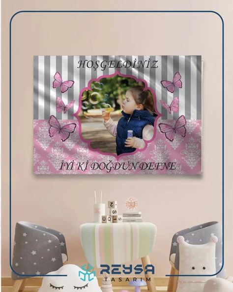 Pembe Kelebek Temalı Doğum Günü Afişi 35X50 cm - Resim 4