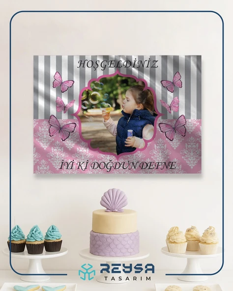 Pembe Kelebek Temalı Doğum Günü Afişi 35X50 cm - Resim 2