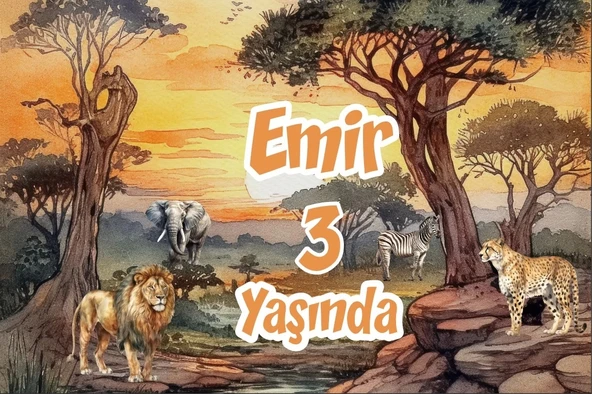 Safari Gün Batımı ve Hayvanlar Temalı Doğum Günü Afişi -1 35X50 cm