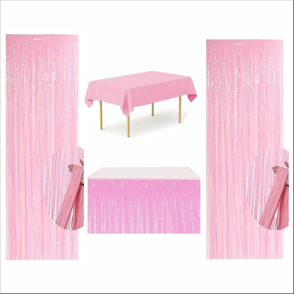 PEMBE MASA ÖRTÜSÜ, PEMBE MASA ETEĞİ, 2 ADET PEMBE ARKA FON PERDE
