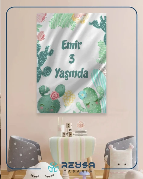 Mutlu Kaktüsler Temalı Doğum Günü Afişi 35X50 cm - Resim 2