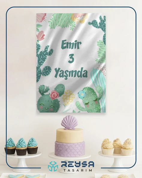 Mutlu Kaktüsler Temalı Doğum Günü Afişi 35X50 cm - Resim 4