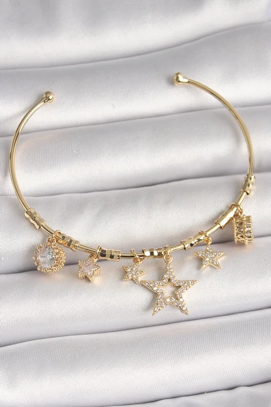 Pirinç Gold Renk Sallantı Zirkon Taşlı Yıldız Model Kalp Detay Charm Kadın Bileklik - TJ-BB6930