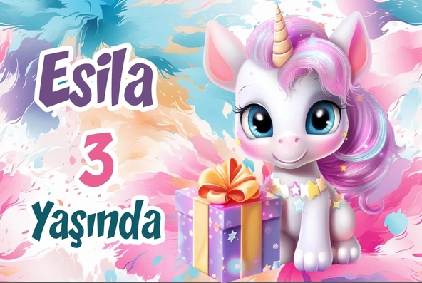 Balonlar ve Unicorn Temalı Doğum Günü Afişi 50X70 cm ürün görseli 1