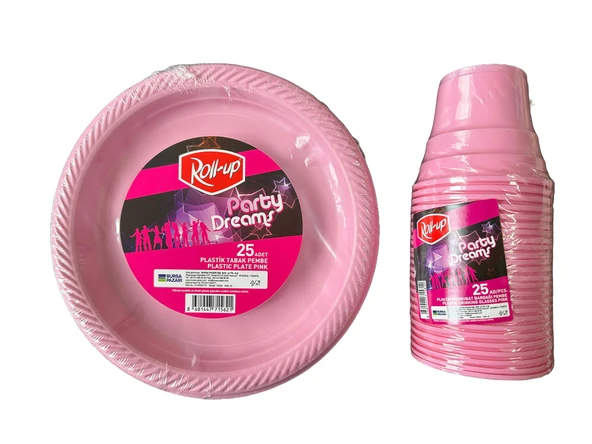 Ofis Catering Piknik Davet Doğum Günü Omeyva Sofra Seti - 25 Kişilik Pembe Tabak Bardak Takımı