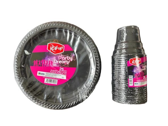 Ofis Catering Piknik Davet Doğum Günü Omeyva Sofra Seti - 25 Kişilik Siyah Tabak Bardak Takımı