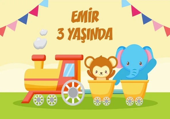 Hayvanlar ve Tren Temalı Doğum Günü Afişi 50X70 cm