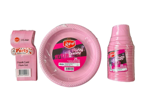 Piknik Davet Doğum Günü Omeyva Sofra Seti - 25 Kişilik Pembe Tabak Bardak Çatal Takımı
