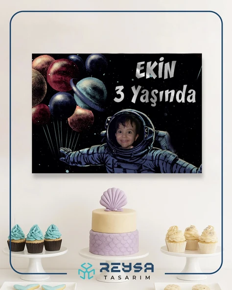 Astronot ve Gezegenler Temalı Doğum Günü Afişi 50X70 cm - Resim 4