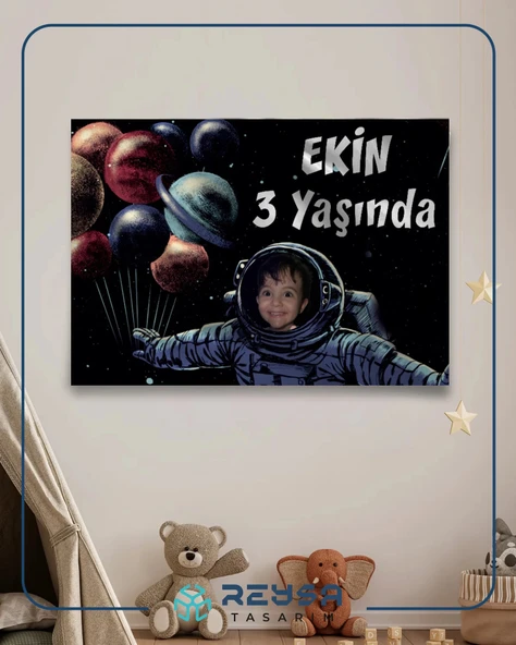 Astronot ve Gezegenler Temalı Doğum Günü Afişi 50X70 cm - Resim 3