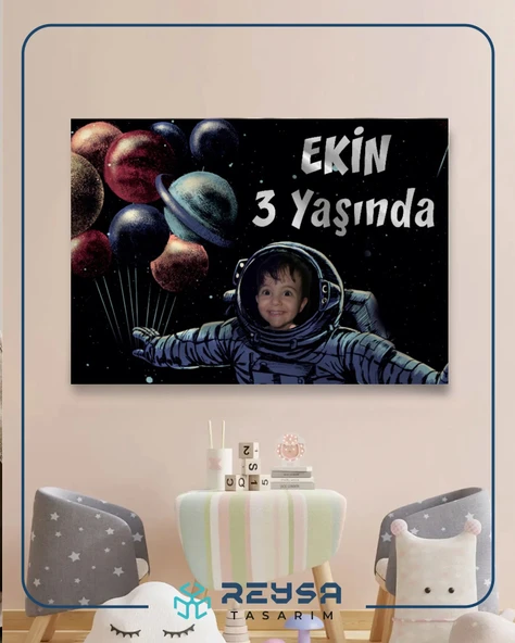 Astronot ve Gezegenler Temalı Doğum Günü Afişi 50X70 cm - Resim 2