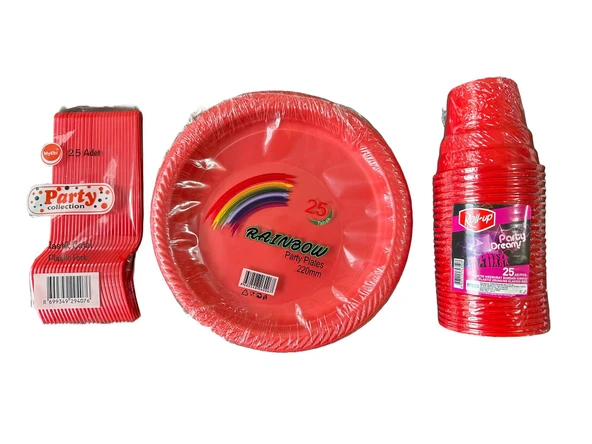 Piknik Davet Doğum Günü Ofis Catering Omeyva Sofra Seti - 25 Kişilik KırmızıTabak Bardak Çatal