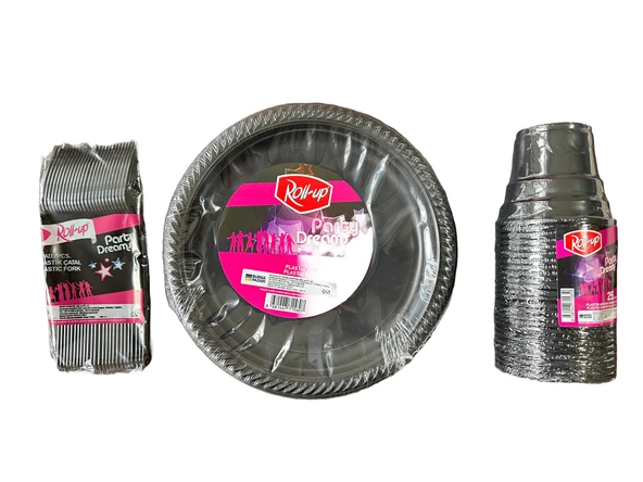Piknik Davet Doğum Günü Ofis Catering Omeyva Sofra Seti - 25 Kişilik Siyah Tabak Bardak Çatal Takımı