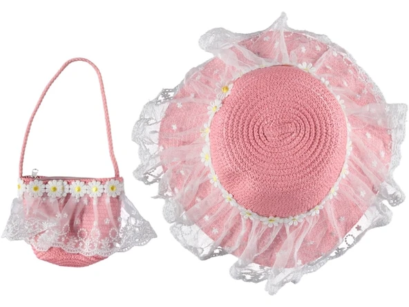 Kız Çocuk Hasır Fötr Şapka Çanta Kombin Set Sagoma Tasarım Model 4/8 YAŞ - 7