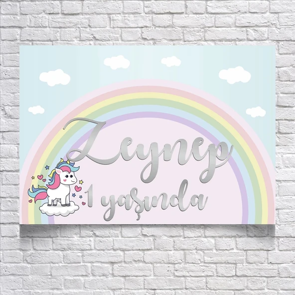 Unicorn ve Gökkuşağı Temalı Doğum Günü Afişi 70X100 cm ürün görseli 1