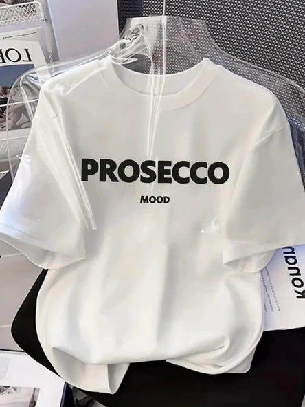 Baskılı Oversize Bisiklet Yaka T-shirt - Beyaz