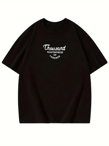 Thousand Baskılı Oversize Bisiklet Yaka T-shirt - Siyah - Resim 2