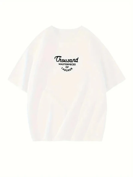 Thousand Baskılı Oversize Bisiklet Yaka T-shirt - Beyaz - Resim 2