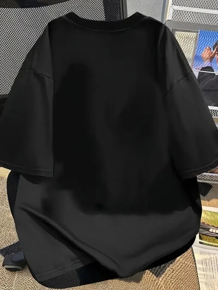 Baskılı Oversize Bisiklet Yaka T-shirt - Siyah - Resim 2