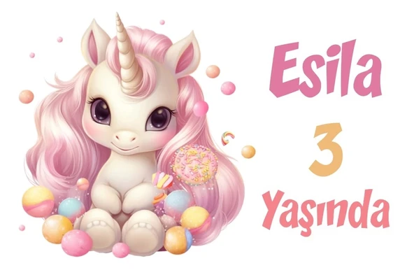Pembe Unicorn Temalı Doğum Günü Afişi -6 70X100 cm