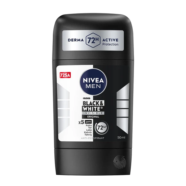NIVEA Men Erkek Stick Deodorant Black & white Invisible Original 50 ml, 72 Saat Anti-perspirant Ter Koruması