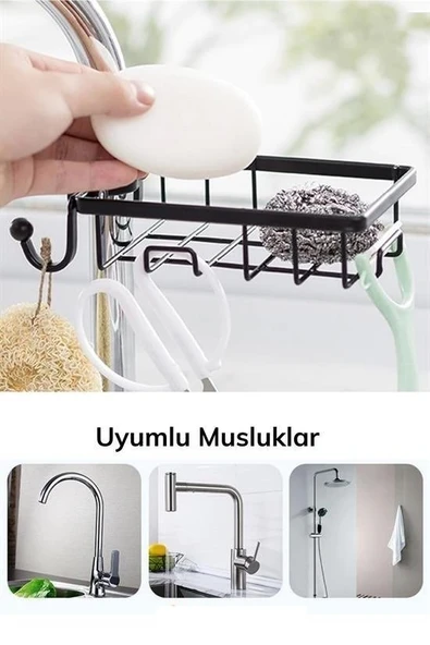 Musluğa Sabitlenen Çelik Bulaşık Süngeri  Katı Sabun Tutucu Askılı Musluk Rafı T1022 - 2